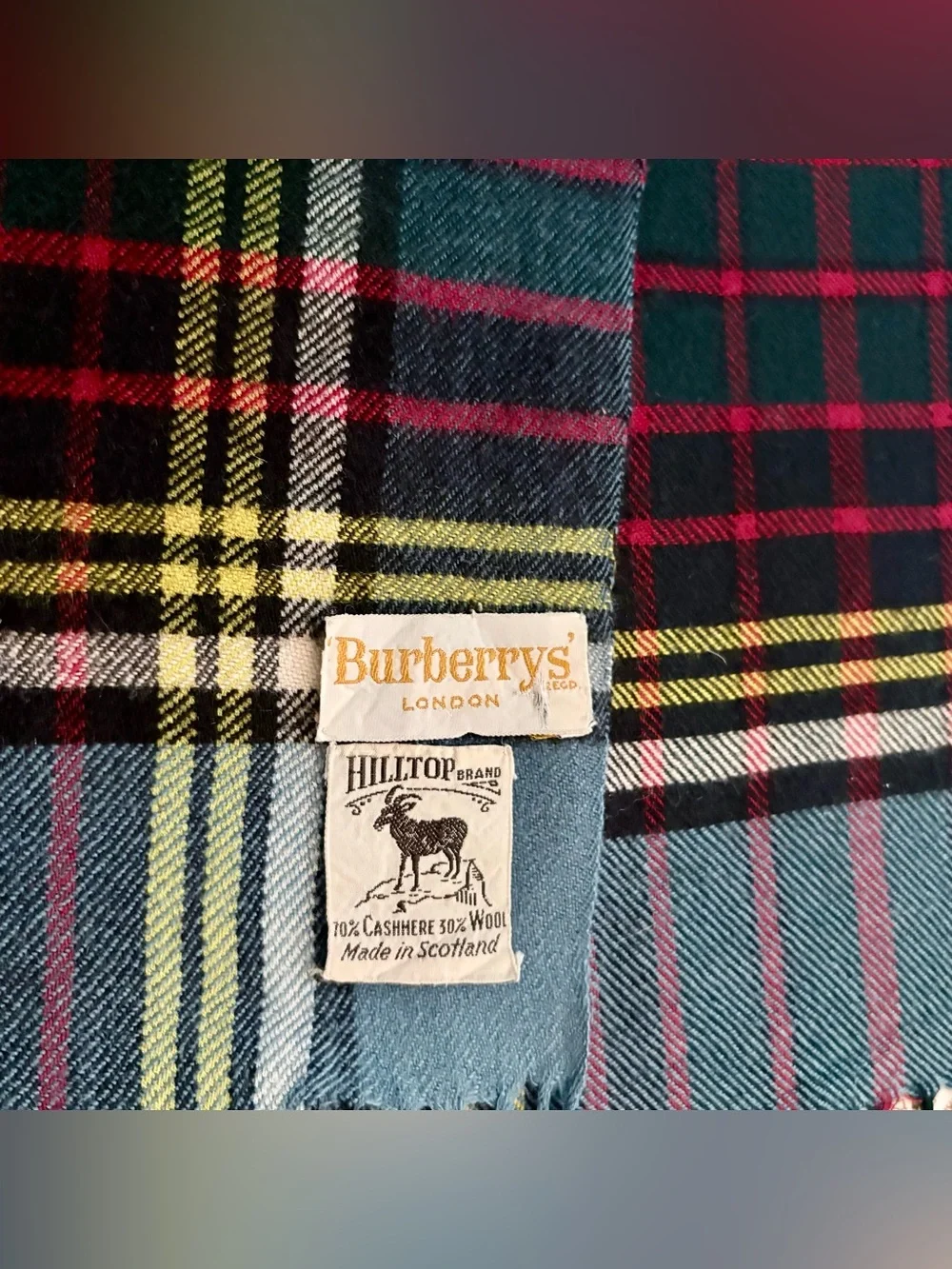 VTG Burberrys Cashmere/Wool 70/30% Blanket Throw Blue Plaid Scotland Flaws As Is